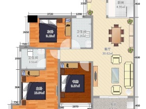 华发四季 3室2厅2卫96㎡_华发四季二手房户型图片4