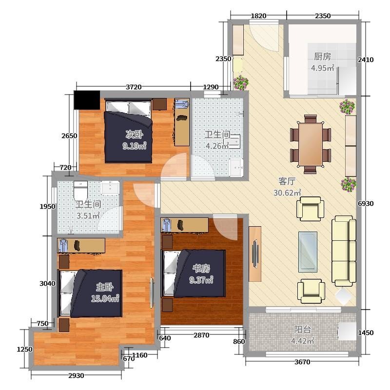华发四季 3室2厅2卫96㎡_华发四季二手房户型图片24